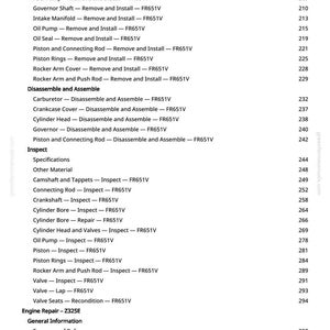 May include: A detailed table of contents from a manual, listing engine repair procedures. The text is in black font on a white background. Topics include removing, installing, disassembling, and inspecting engine components.