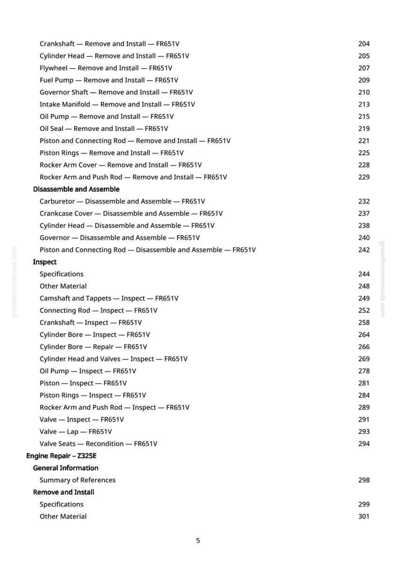 May include: A detailed table of contents from a manual, listing engine repair procedures. The text is in black font on a white background. Topics include removing, installing, disassembling, and inspecting engine components.