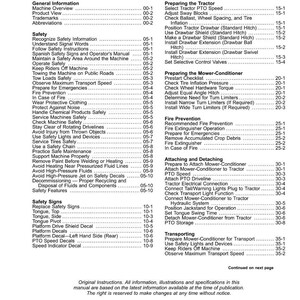 May include: A detailed table of contents from a manual, listing safety, operation, and maintenance topics. The pages are numbered, and the document includes sections on fire prevention and machine operation.