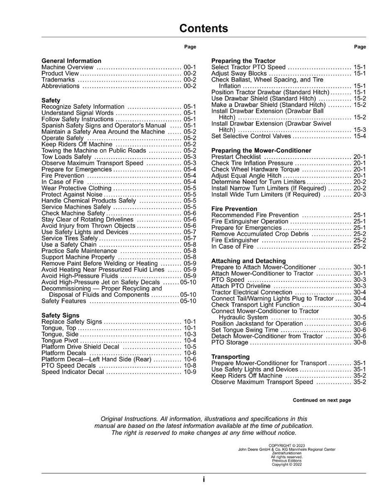 May include: A detailed table of contents from a manual, listing safety, operation, and maintenance topics. The pages are numbered, and the document includes sections on fire prevention and machine operation.