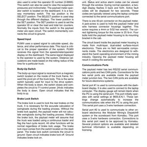 May include: A page from a technical manual detailing the Operator Switch, Speed Input, Body-Up Switch, Brake Lock Switch, and Payload Meter. The document provides specifications and diagrams for industrial machinery.