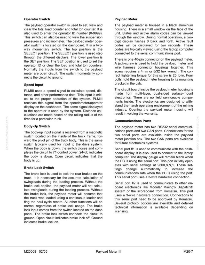 May include: A page from a technical manual detailing the Operator Switch, Speed Input, Body-Up Switch, Brake Lock Switch, and Payload Meter. The document provides specifications and diagrams for industrial machinery.
