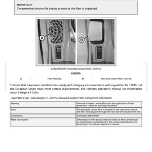 May include: Diagram of an internal activated carbon filter for a tractor cab. The image includes a filter housing and the activated carbon filter, with text providing component information and maintenance details.