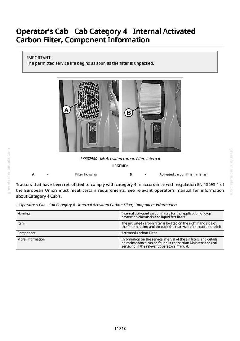 May include: Diagram of an internal activated carbon filter for a tractor cab. The image includes a filter housing and the activated carbon filter, with text providing component information and maintenance details.