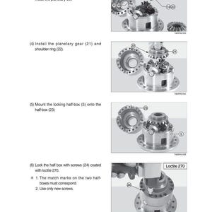 May include: Diagram illustrating the assembly of mechanical components, including planetary gears, washers, and half-boxes. The image includes numbered parts and instructions for installation, with a focus on precision and alignment. The text "Loctite 270" is also visible.