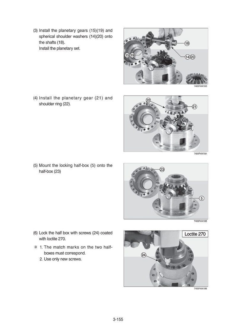 May include: Diagram illustrating the assembly of mechanical components, including planetary gears, washers, and half-boxes. The image includes numbered parts and instructions for installation, with a focus on precision and alignment. The text "Loctite 270" is also visible.