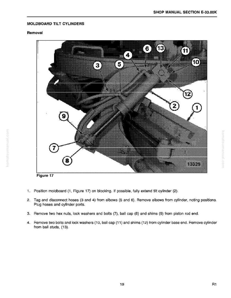 May include: A black and white diagram from a shop manual detailing the removal of moldboard tilt cylinders. The diagram includes numbered components and instructions for disassembly, with the text "SHOP MANUAL SECTION E-33.00K".