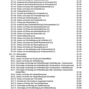 May include: A detailed table of contents in German, listing various automotive repair procedures with corresponding page numbers. Topics include engine components, fuel systems, and electrical systems.