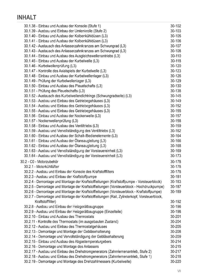 May include: A detailed table of contents in German, listing various automotive repair procedures with corresponding page numbers. Topics include engine components, fuel systems, and electrical systems.