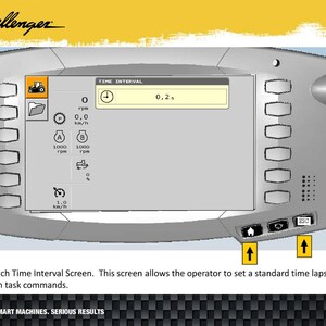May include: A gray Challenger control panel with a screen displaying time interval settings. The screen shows icons for a tractor, folder, and other functions. The text "One Touch Time Interval Screen" is visible.