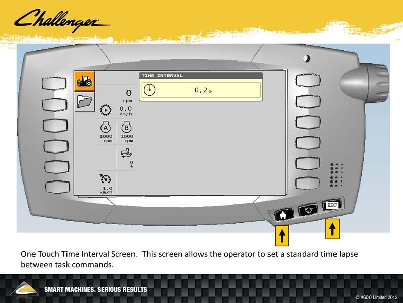 May include: A gray Challenger control panel with a screen displaying time interval settings. The screen shows icons for a tractor, folder, and other functions. The text "One Touch Time Interval Screen" is visible.