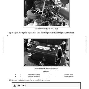 May include: Black and white diagram illustrating engine hood removal and battery terminal disconnection. Includes close-up images of engine components and battery terminals, with labels and instructions. Text includes "CAUTION" and "Carefully check if battery terminals are correct."