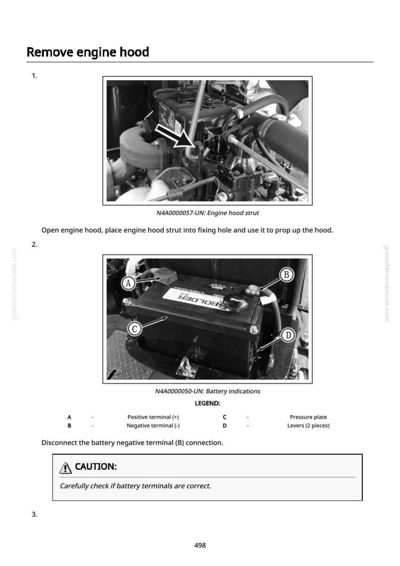 May include: Black and white diagram illustrating engine hood removal and battery terminal disconnection. Includes close-up images of engine components and battery terminals, with labels and instructions. Text includes "CAUTION" and "Carefully check if battery terminals are correct."