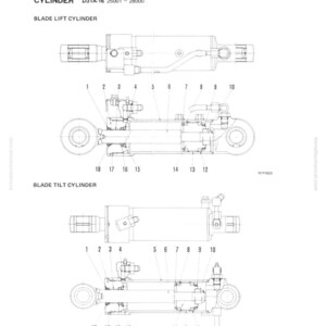 Pu&ograve; includere: Diagramma tecnico di un cilindro, etichettato come "CYLINDER D31A-16 25001~28000", con illustrazioni di "BLADE LIFT CYLINDER" e "BLADE TILT CYLINDER". Il diagramma include parti numerate e dettagli tecnici.