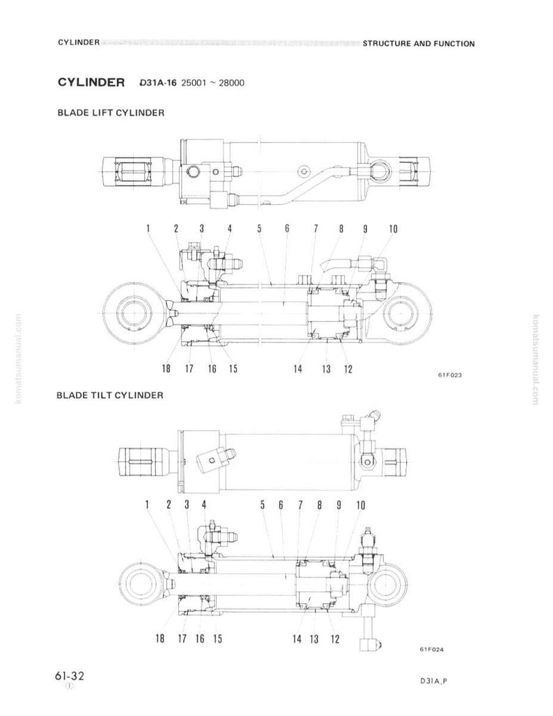 Pu&ograve; includere: Diagramma tecnico di un cilindro, etichettato come "CYLINDER D31A-16 25001~28000", con illustrazioni di "BLADE LIFT CYLINDER" e "BLADE TILT CYLINDER". Il diagramma include parti numerate e dettagli tecnici.