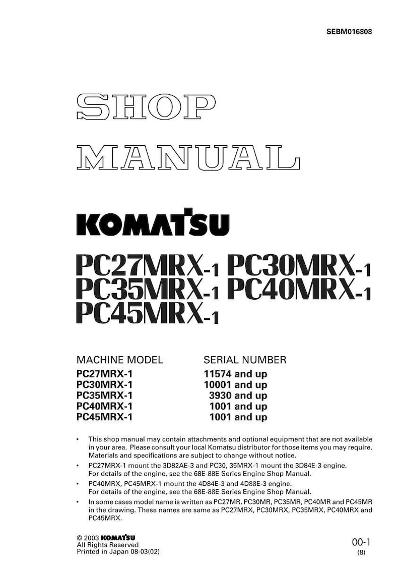 May include: A white shop manual with the title "SHOP MANUAL" and the Komatsu logo. The manual lists machine models PC27MRX-1, PC30MRX-1, PC35MRX-1, PC40MRX-1, and PC45MRX-1, along with their serial numbers.