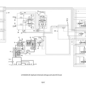 Puede incluir: Un diagrama esquem&aacute;tico hidr&aacute;ulico detallado en blanco y negro, etiquetado con n&uacute;meros y l&iacute;neas. El texto "LX1043240-UN: Hydraulic Schematic (Charge and Lube Oil Circuit)" est&aacute; en la parte inferior. Tambi&eacute;n est&aacute; presente el n&uacute;mero "1317".