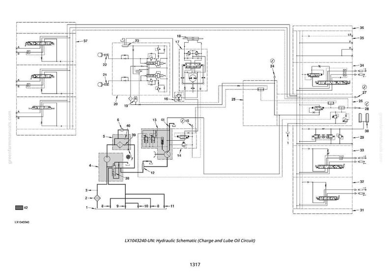 Puede incluir: Un diagrama esquem&aacute;tico hidr&aacute;ulico detallado en blanco y negro, etiquetado con n&uacute;meros y l&iacute;neas. El texto "LX1043240-UN: Hydraulic Schematic (Charge and Lube Oil Circuit)" est&aacute; en la parte inferior. Tambi&eacute;n est&aacute; presente el n&uacute;mero "1317".