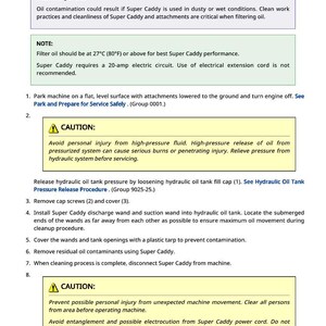 May include: A page of instructions with safety warnings and procedures for using a Super Caddy machine. The text includes cautions about high-pressure fluids and unexpected machine movement. The page is white with black text.