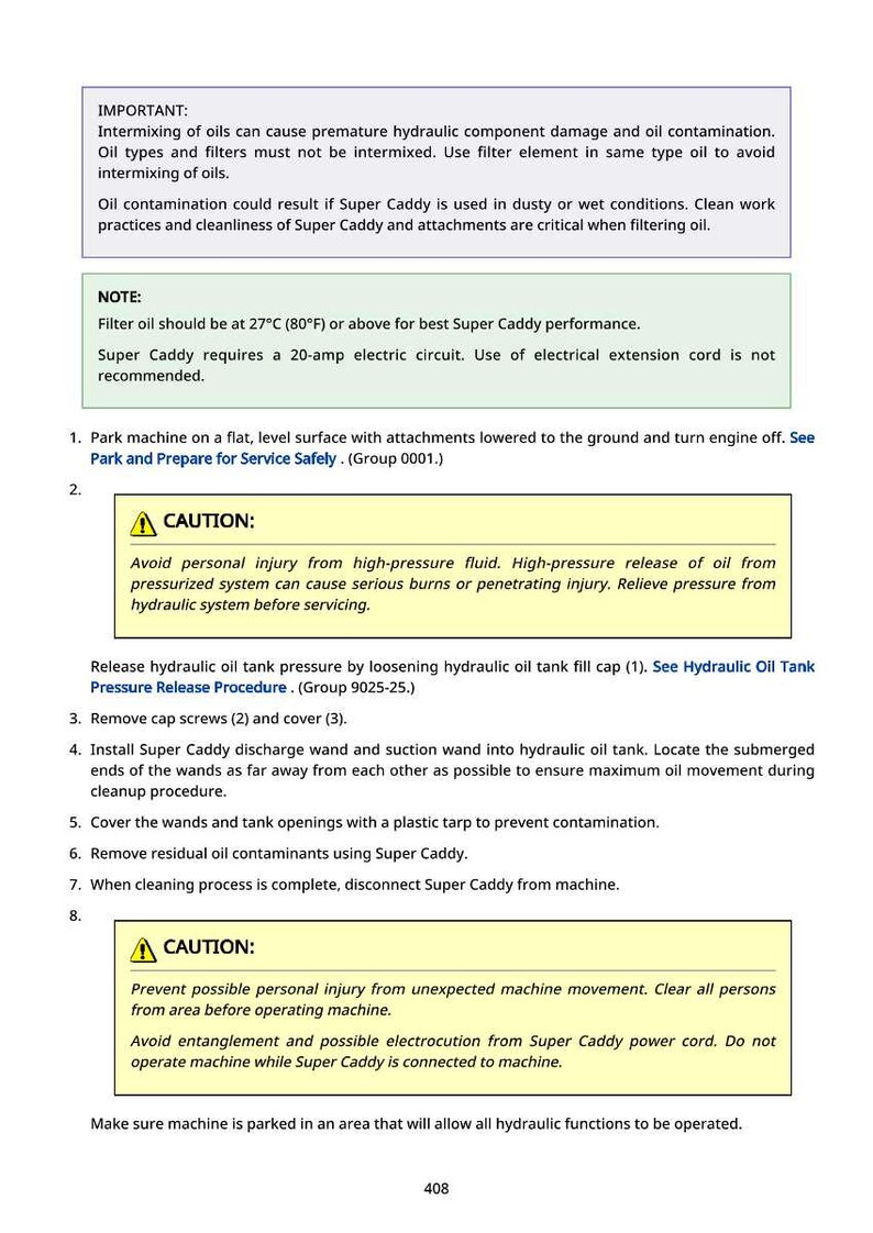 May include: A page of instructions with safety warnings and procedures for using a Super Caddy machine. The text includes cautions about high-pressure fluids and unexpected machine movement. The page is white with black text.