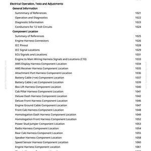 May include: A page from a manual with a list of automotive electrical operation, tests, and adjustments. The text includes component locations, such as engine harness connectors and battery cable locations, with corresponding page numbers.