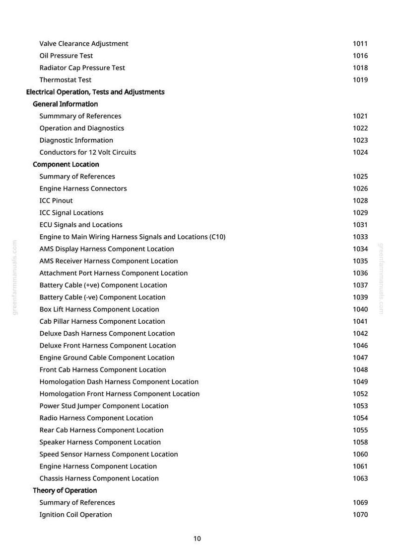 May include: A page from a manual with a list of automotive electrical operation, tests, and adjustments. The text includes component locations, such as engine harness connectors and battery cable locations, with corresponding page numbers.
