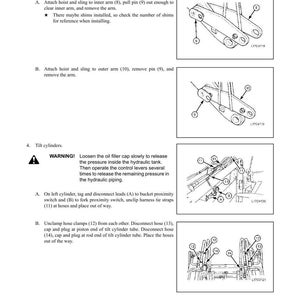 Puede incluir: Diagrama de un manual que detalla el desmontaje y montaje de un enlace de pluma y herramienta paralela. La imagen incluye ilustraciones de brazos de enlace de cilindro de inclinaci&oacute;n frontal y cilindros de inclinaci&oacute;n, con piezas numeradas e instrucciones.
