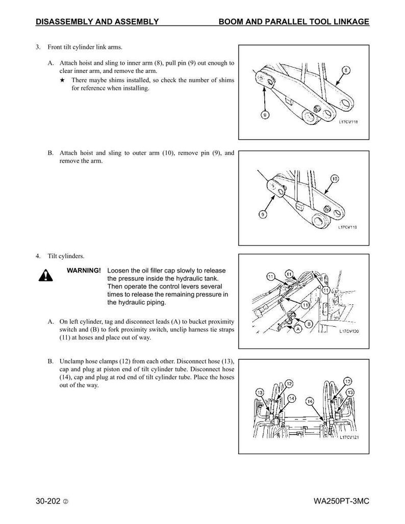Puede incluir: Diagrama de un manual que detalla el desmontaje y montaje de un enlace de pluma y herramienta paralela. La imagen incluye ilustraciones de brazos de enlace de cilindro de inclinaci&oacute;n frontal y cilindros de inclinaci&oacute;n, con piezas numeradas e instrucciones.