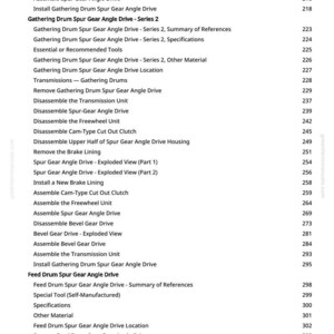 May include: A manual page detailing mechanical assembly and disassembly procedures. The text includes instructions for "Spur Gear Angle Drive," "Freewheel Unit," and "Brake Lining." Page numbers are listed on the right-hand side.