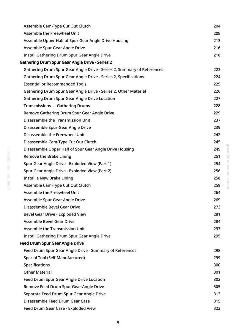 May include: A manual page detailing mechanical assembly and disassembly procedures. The text includes instructions for "Spur Gear Angle Drive," "Freewheel Unit," and "Brake Lining." Page numbers are listed on the right-hand side.