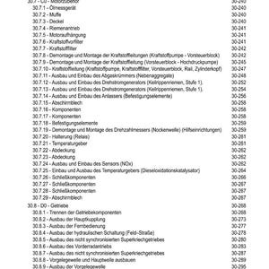 May include: A detailed table of contents in German, listing various automotive components and procedures. The text is in black font on a white background, with page numbers on the right. The document covers topics like fuel systems, transmissions, and more.