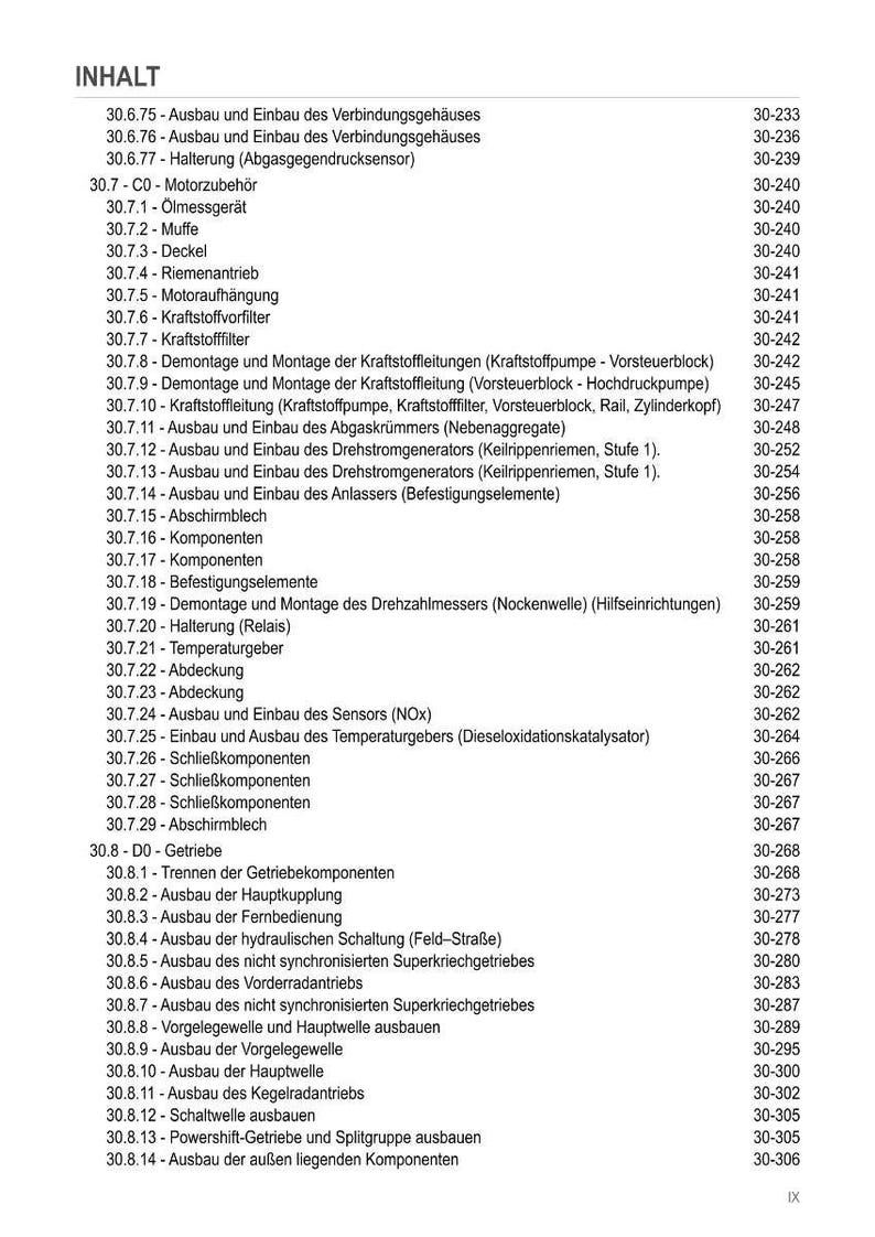 May include: A detailed table of contents in German, listing various automotive components and procedures. The text is in black font on a white background, with page numbers on the right. The document covers topics like fuel systems, transmissions, and more.