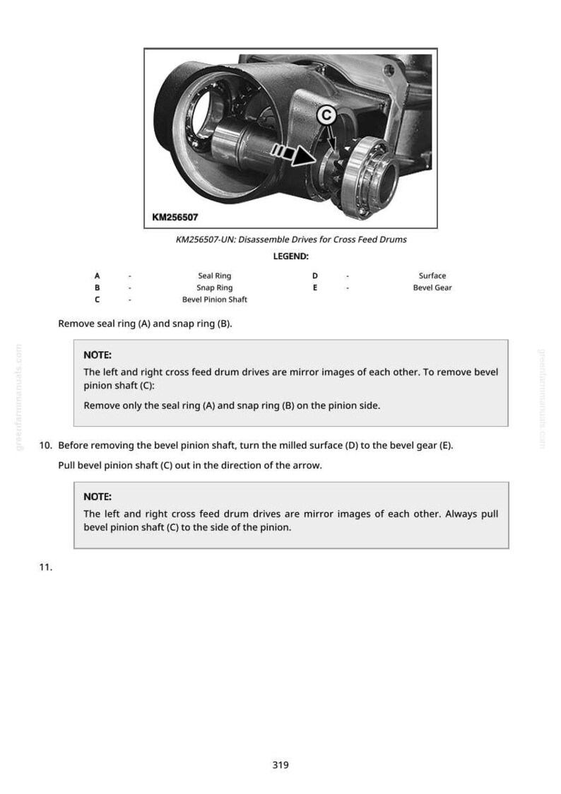 May include: Technical diagram for disassembling drives for cross feed drums. The image shows a detailed view of mechanical components, including seal rings, snap rings, and bevel pinion shafts. Text provides instructions for removal and assembly.