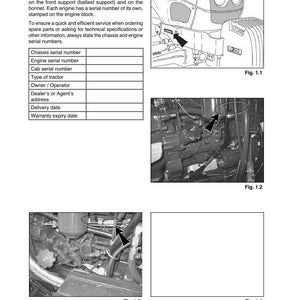 Puede incluir: Una p&aacute;gina del manual del tractor titulada "Identificaci&oacute;n del tractor". El texto explica d&oacute;nde encontrar los n&uacute;meros de serie. Las figuras 1.1, 1.2 y 1.3 muestran primeros planos de piezas del tractor con flechas.