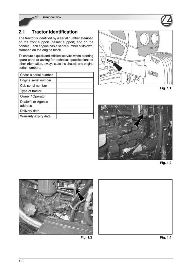 Puede incluir: Una p&aacute;gina del manual del tractor titulada "Identificaci&oacute;n del tractor". El texto explica d&oacute;nde encontrar los n&uacute;meros de serie. Las figuras 1.1, 1.2 y 1.3 muestran primeros planos de piezas del tractor con flechas.