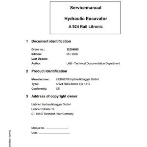 May include: A white Servicemanual document for a Hydraulic Excavator A 924 Rail Litronic. The document includes details such as the order number, edition, and manufacturer information. The Liebherr logo is at the bottom.