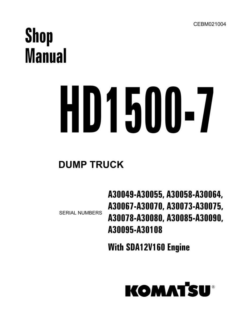 May include: A white shop manual with the text "Shop Manual" and "HD1500-7" in bold black font. The manual is for a dump truck and includes serial numbers and engine details. The Komatsu logo is at the bottom.