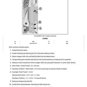 Puede incluir: Diagrama t&eacute;cnico de un sistema de enclavamiento de orugas, con componentes etiquetados A, B, C y D. La imagen incluye una leyenda e instrucciones para las piezas de enclavamiento vertical de calzas. El texto incluye "PULV003077-UN: Creeper Interlock".