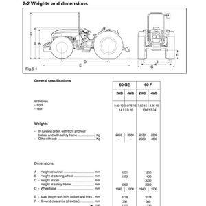 Op de afbeelding: Technische tekening van een tractor met afmetingen en specificaties. De afbeelding toont zijaanzichten en achteraanzichten, met metingen in mm. Tekst omvat "Tractor identificatie" en modelspecificaties voor 60 GE en 60 F.