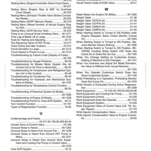 May include: A manual page featuring an index of troubleshooting topics and testing menus. The text includes terms such as "Engine Controller Active Fault Clear" and "Urea SCR System Diagram."