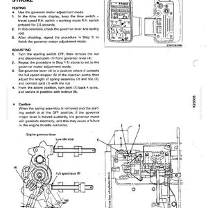 May include: Diagram of engine components with text instructions for testing and adjusting the governor motor lever stroke. Includes illustrations of the governor lever, injection pump, and related parts. The text provides step-by-step instructions for testing and adjusting the engine.