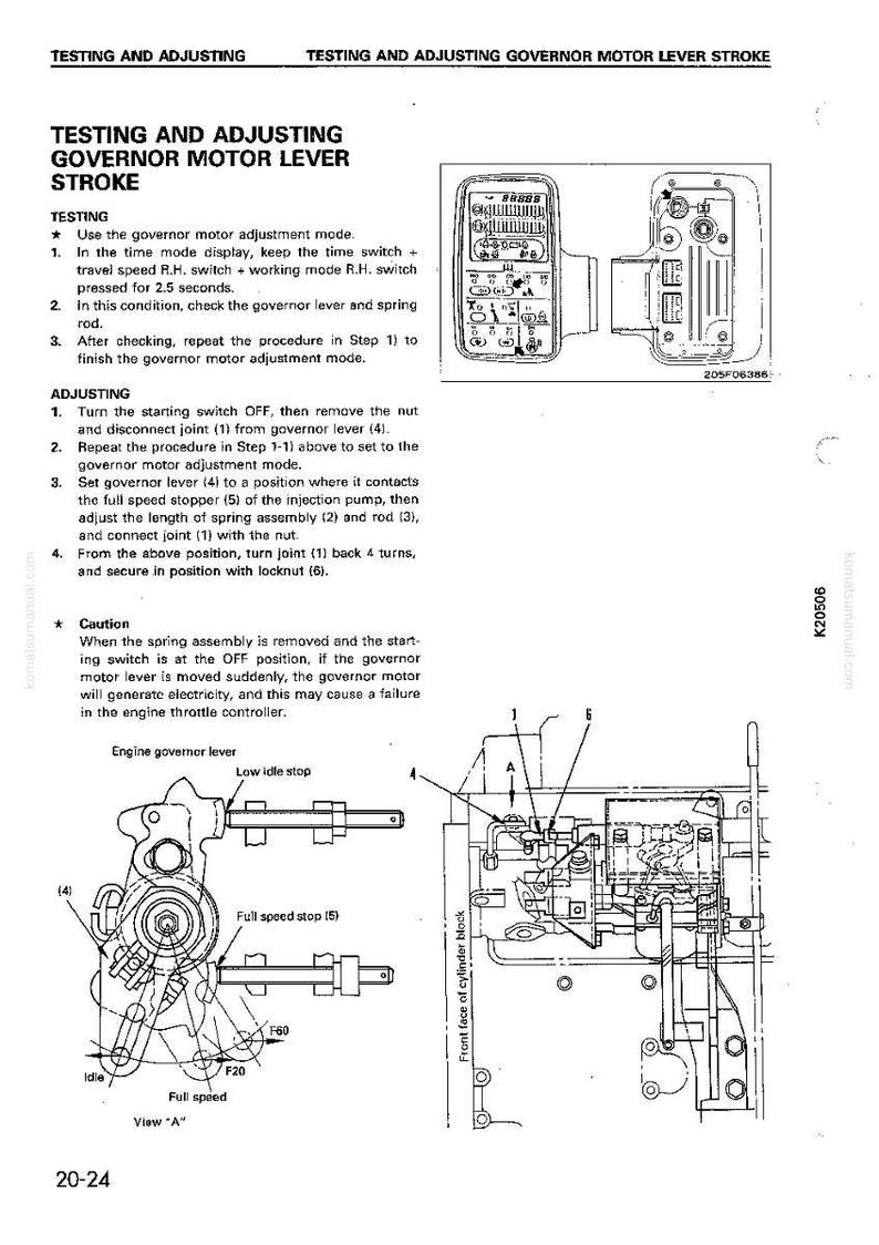 May include: Diagram of engine components with text instructions for testing and adjusting the governor motor lever stroke. Includes illustrations of the governor lever, injection pump, and related parts. The text provides step-by-step instructions for testing and adjusting the engine.