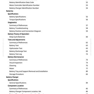 May include: A white page with a table of contents for a manual. The text includes sections on batteries, diagnostics, and battery chargers. Page numbers are listed on the right side.