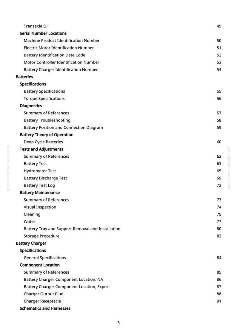May include: A white page with a table of contents for a manual. The text includes sections on batteries, diagnostics, and battery chargers. Page numbers are listed on the right side.