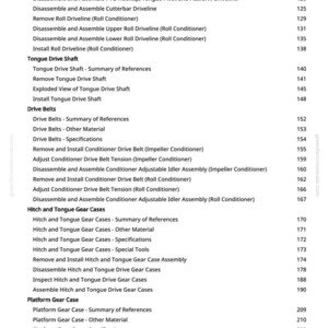 May include: A page from a manual with a table of contents. The text includes terms like "Driveline Slip Clutch," "Gear Case," "Drive Belts," and "Tongue Gear Cases." The page number is visible in the right corner.