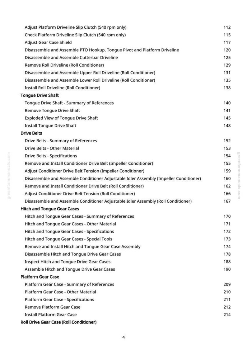 May include: A page from a manual with a table of contents. The text includes terms like "Driveline Slip Clutch," "Gear Case," "Drive Belts," and "Tongue Gear Cases." The page number is visible in the right corner.