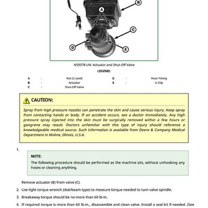 May include: Diagram of a boom shut-off valve assembly, labeled with letters and a legend. The image includes a warning about high-pressure spray and instructions for repair, including torque specifications.