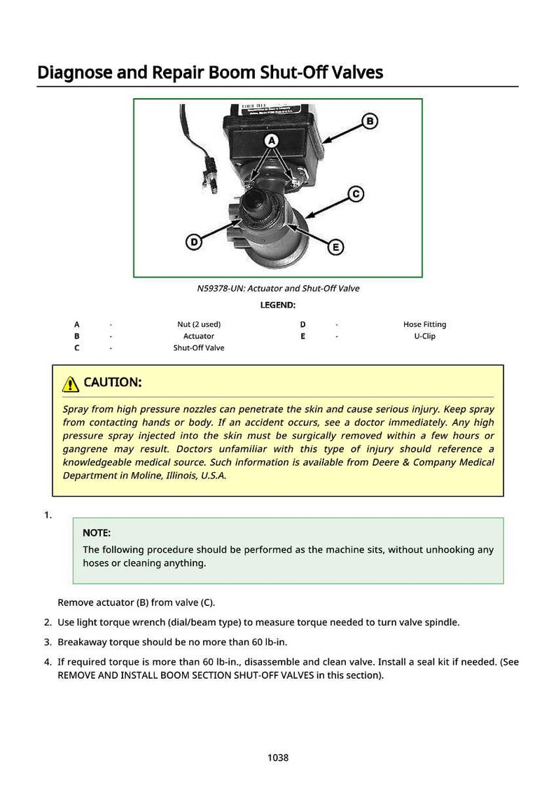 May include: Diagram of a boom shut-off valve assembly, labeled with letters and a legend. The image includes a warning about high-pressure spray and instructions for repair, including torque specifications.