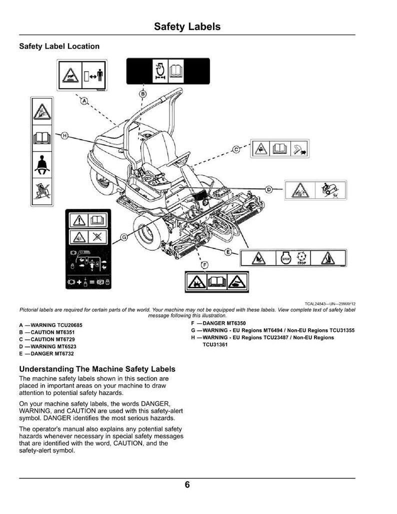 Puede incluir: Diagrama de un cortac&eacute;sped con conductor con ubicaciones de etiquetas de seguridad resaltadas. Se muestran varios s&iacute;mbolos de seguridad, incluyendo advertencias y precauciones. El texto explica el significado de las etiquetas y el s&iacute;mbolo de alerta de seguridad.