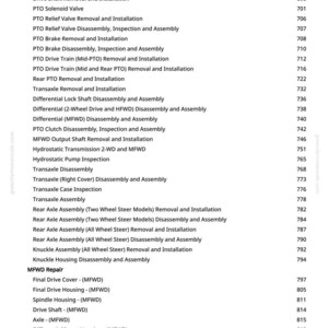 May include: A detailed page from a manual, listing various mechanical procedures with corresponding page numbers. Procedures include disassembly, removal, and installation of parts like axles, valves, and transmissions. The text is in black on a white background.